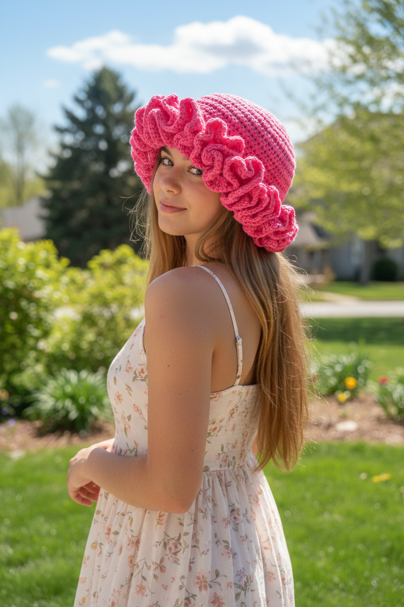 Back three-quarter view of model wearing pink crochet ruffle hat