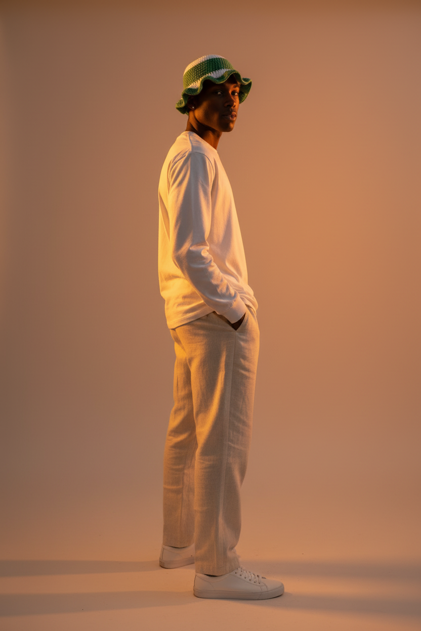 Model in crochet bucket hat - full body side profile